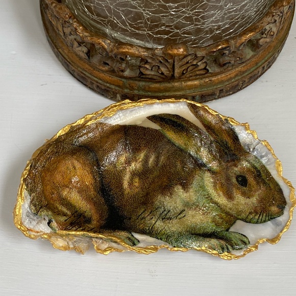 HANDMADE DECOUPAGE TOPIARY OYSTER SHELL TRINKET RING DISH or HANGING ORNAMENT - Picture 13 of 14